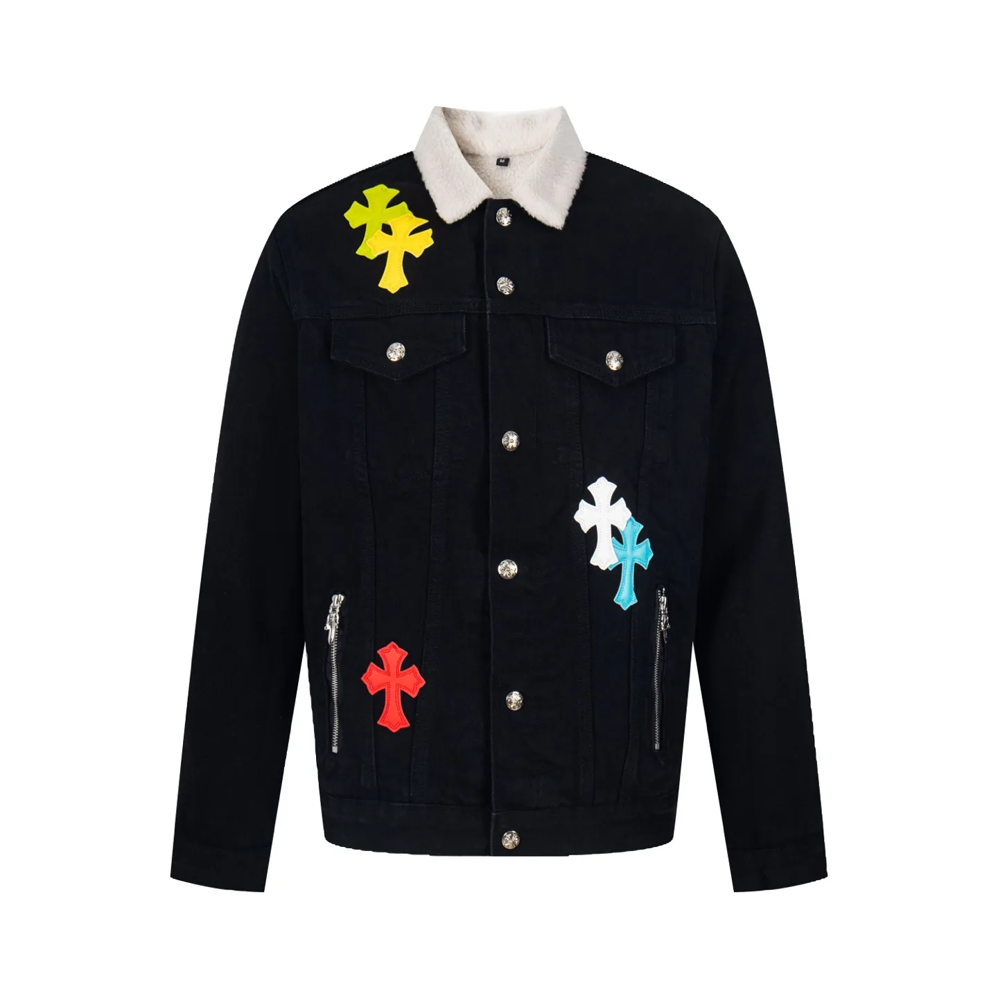 P360 version (lamb wool) Chrome Hearts Chrome Hearts colorful patchwork lamb fur collar jacket, the same style as the Internet celebrity star's cross-printed denim jacket, with unique cross design elements and full design sense. It is made of 100% denim cotton fabric with heavy coarse yarn count, which ensures a stiff and tough silhouette while being soft, comfortable and breathable. The lapel is designed with silver buttons and is full of texture. The classic white cross logo is all over the dress, making it a perfect versatile style for spring and summer! The original loose version is made of high-quality pure cotton fabrics. The fabric pattern is high-definition and delicate without burrs. It is comfortable and breathable to wear. All the buttons are molded and customized. It is casual and fashionable and can be matched with any bottoms. It can be windproof and sunproof in spring and summer. It can be worn outside in autumn and winter! Easily concave shape makes you look slimmer and taller, perfect for both men and women! Style number: 1838# Color: Black Size: S M L XL
